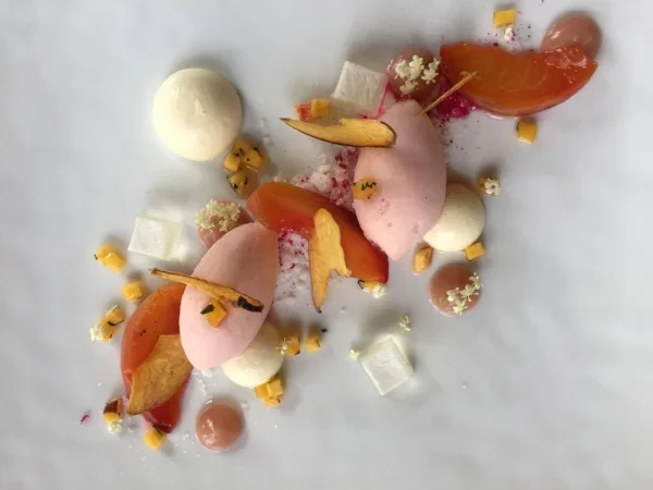 A plated dessert of poached stone fruit, sorbet and crumb