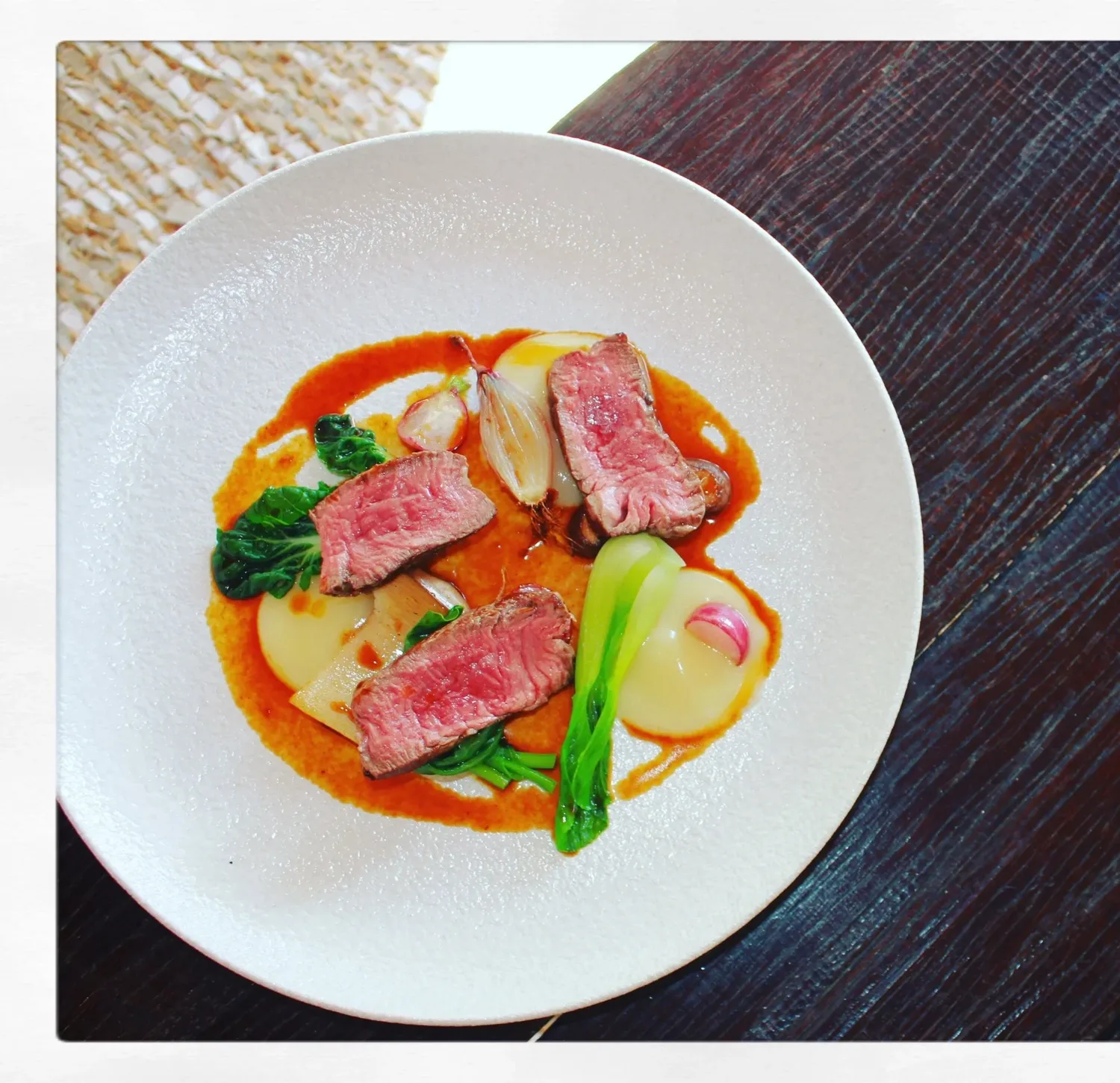 Roasted Beef Fillet with Shiitake, Soy and Greens.