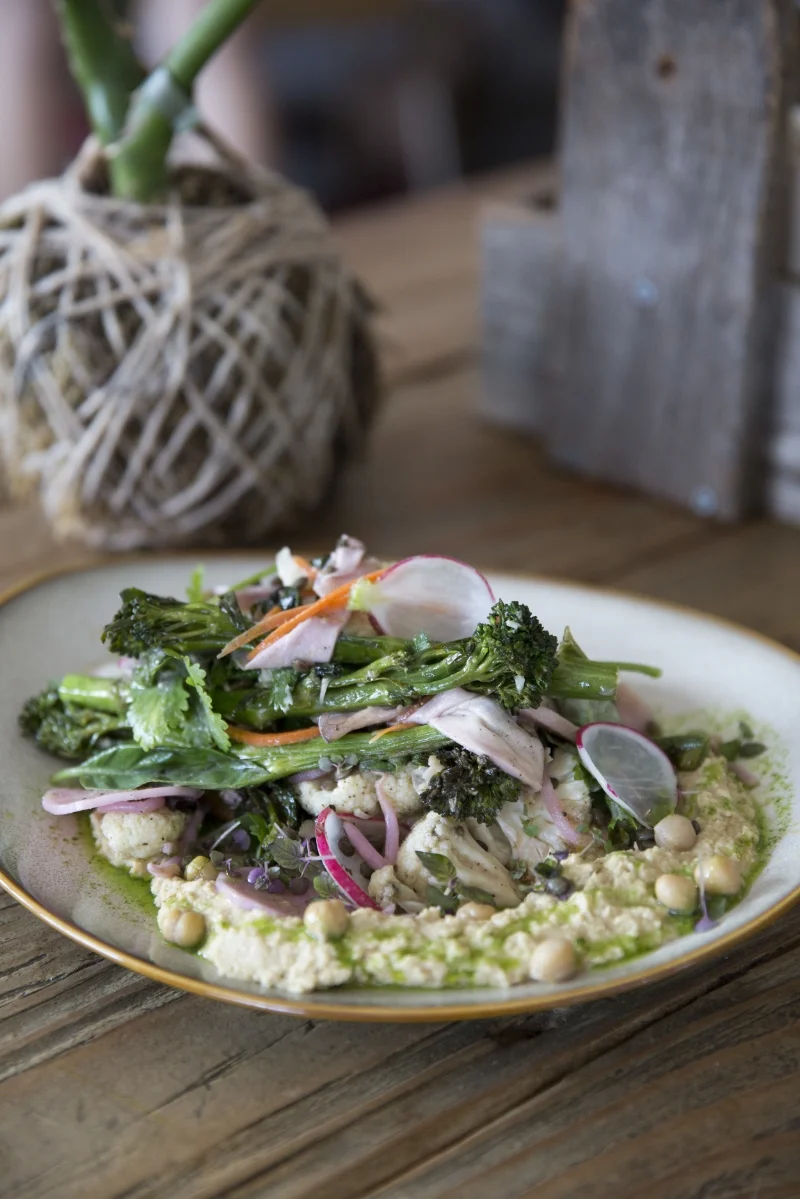 Chickpea and lentil salad with charred greens.