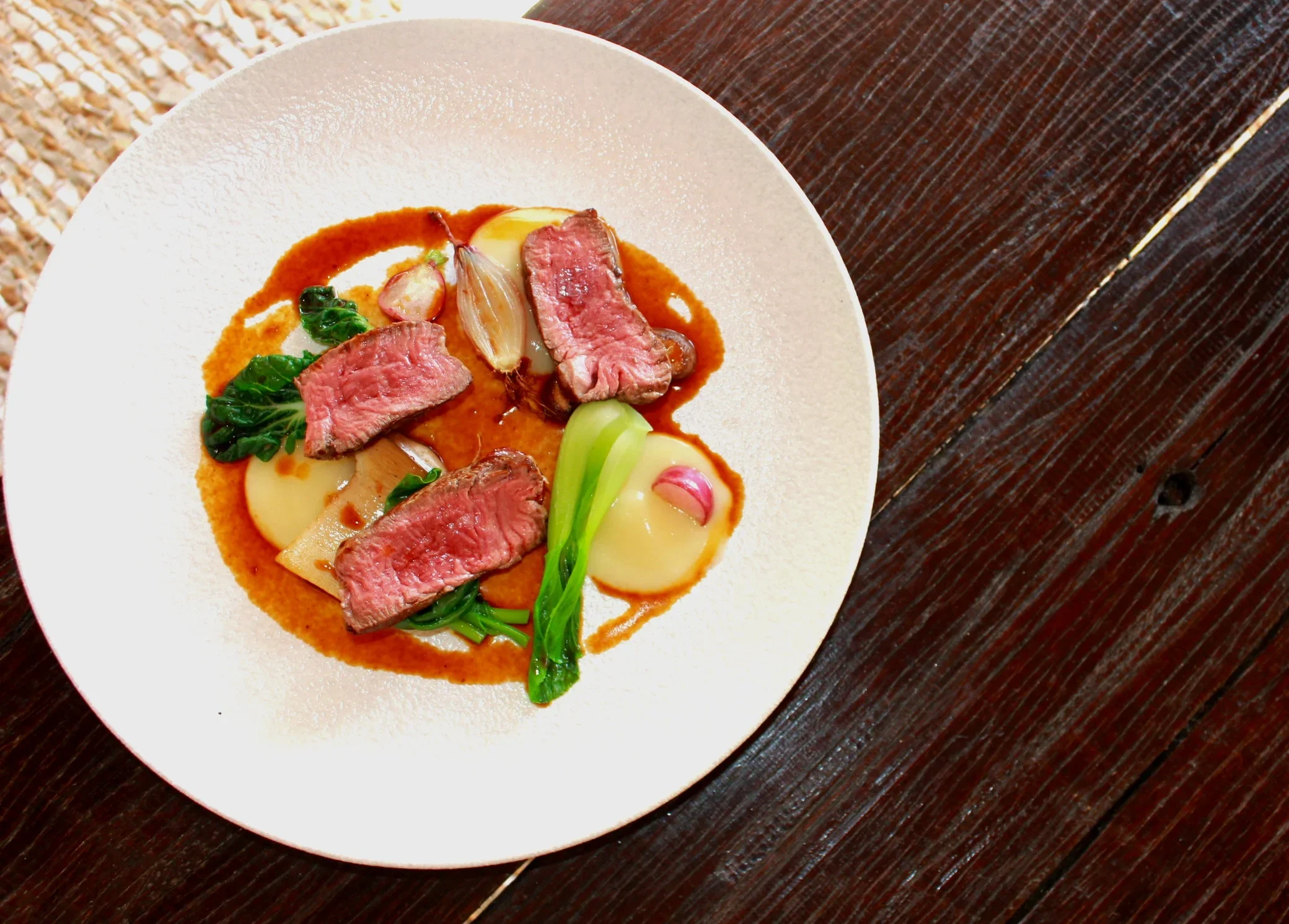 Beef fillet with celeriac, asian greens, soy and sesame
