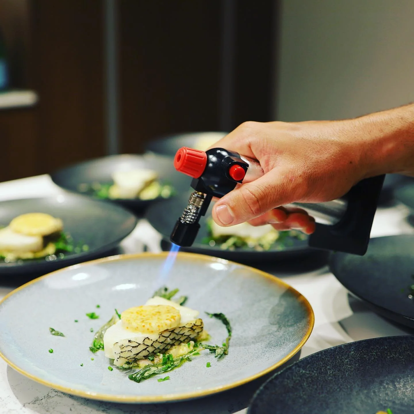 Last week was a super interesting week with a degustation in an office without a real kitchen&hellip;quite a challenge!  Here&rsquo;s one of the courses.
 Glacial Tooth-fish with sea urchin and salt bush&hellip;a real mix of Australian ingredients!
 