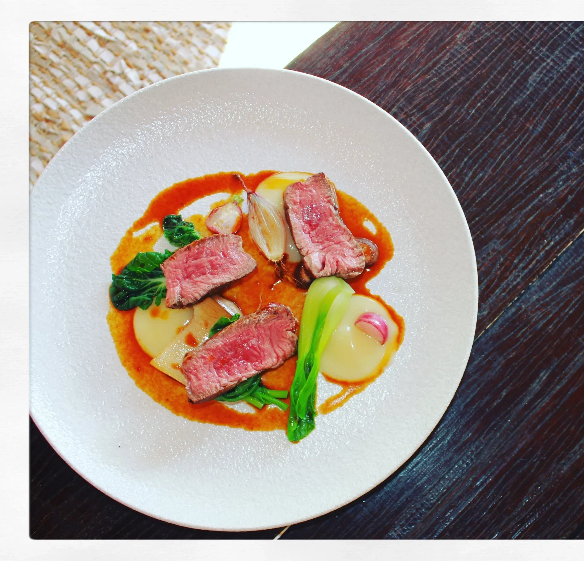 Roasted Beef Fillet with Shiitake, Soy and Greens.