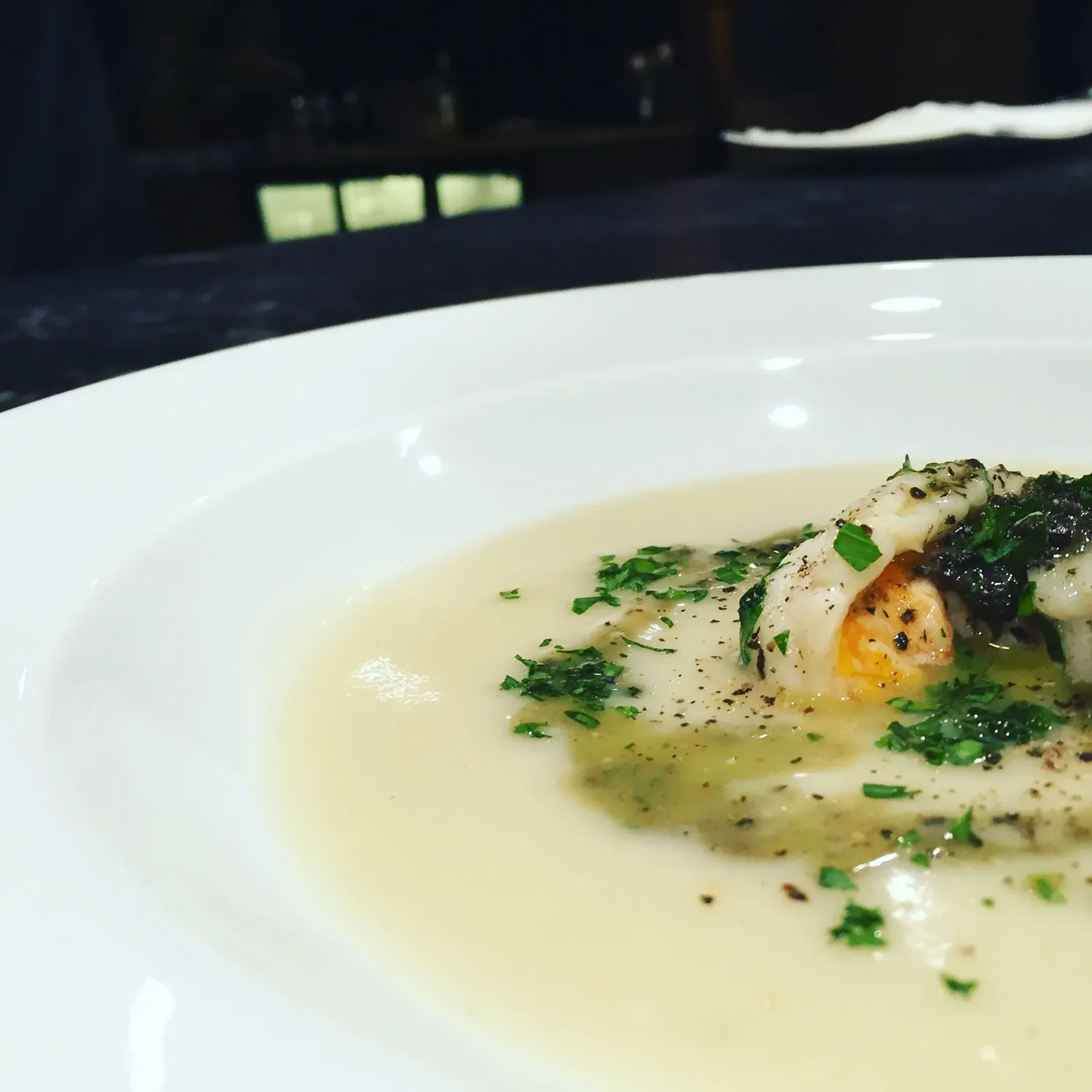 Autumn: Jerusalem artichoke soup with poached local lobster and truffle.