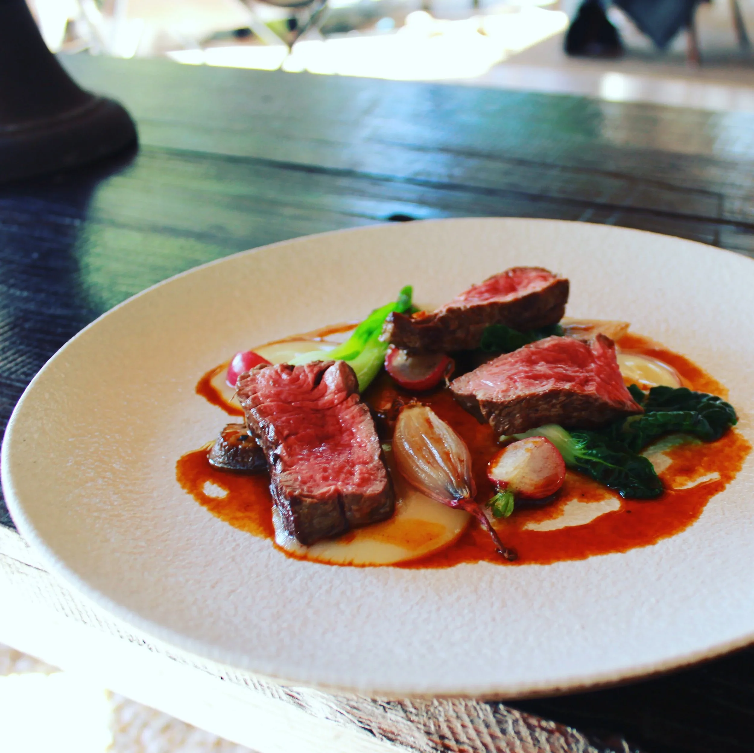 Roasted Beef Fillet with Shiitake, Soy and Greens.