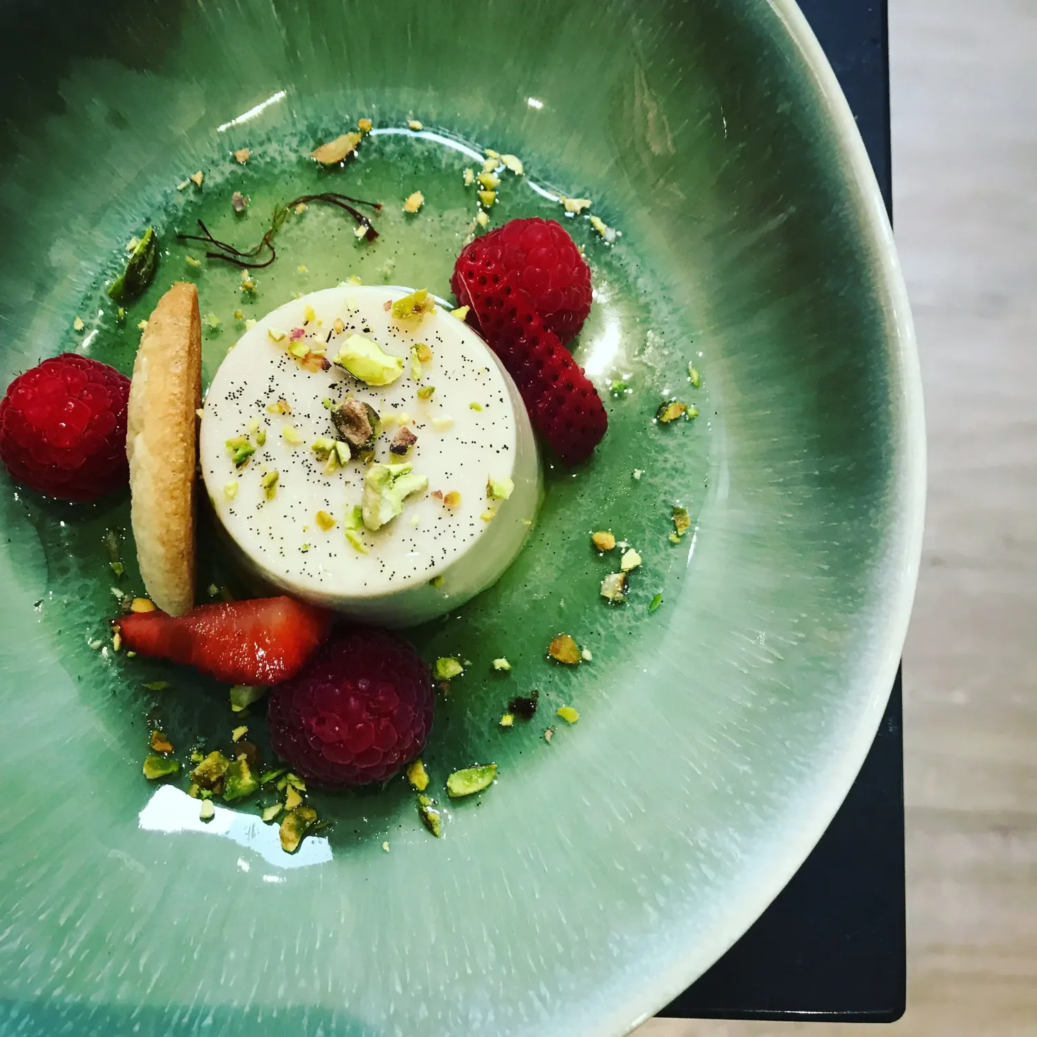 Almond and honey cream, kourabiethes, pistachio and fresh raspberry