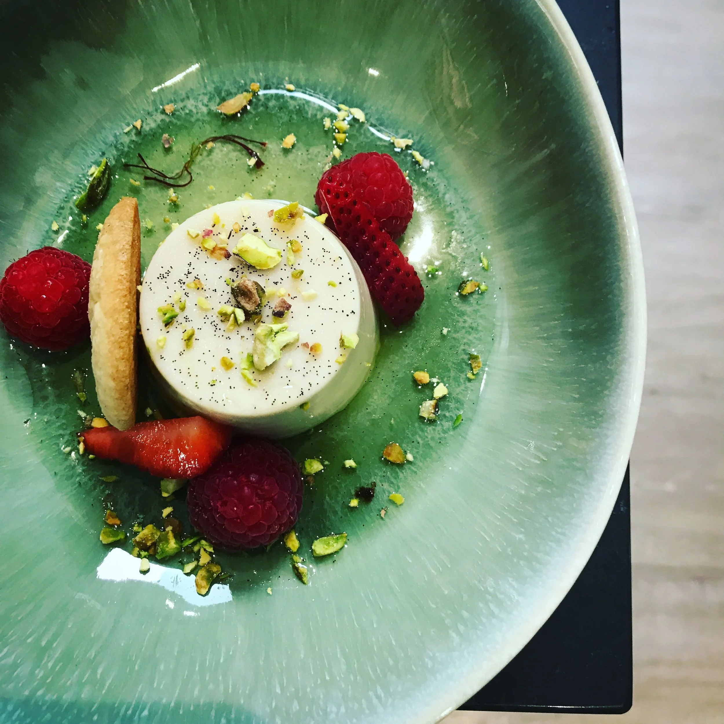 Almond and honey cream, kourabiethes, pistachio and fresh raspberry